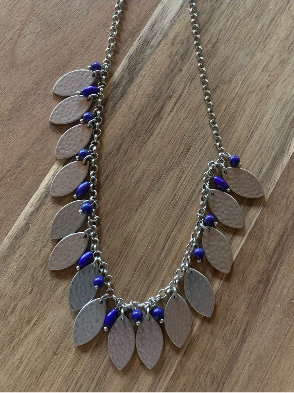 Boho Silver Blue Bead Leaf Charm Statement Necklace Adjustable Chain